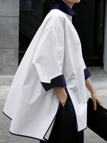 1779356 Half Sleeves High-Low Buttoned Contrast Color Split-Joint Split-Side Lapel Blouses&Shirts Tops