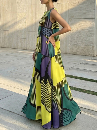 1781361 A-Line Sleeveless Contrast Color Striped Zipper Round-Neck Maxi Dresses