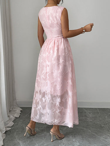 1773002 Vestidos midi com cintura alta sem mangas jacquard plissado transparente cor sólida com decote em V