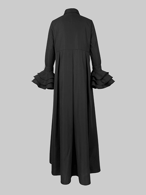 Flared Sleeves Long Sleeves Solid Color Split-side Zipper V-neck Maxi Dresses