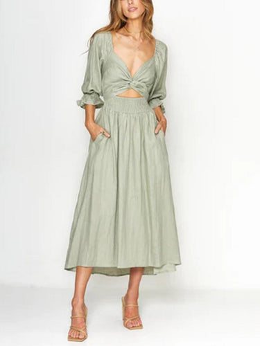 1784375 High Waisted Long Sleeves Elasticity Pleated Solid Color V-Neck Midi Dresses