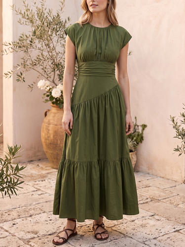 1786732 A-Line High Waisted Pleated Solid Color Split-Joint Round-Neck Maxi Dresses
