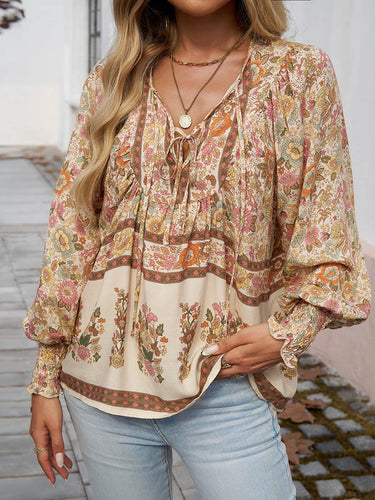 1744079 Long Sleeves Loose Contrast Color Drawstring Flower Print Pleated Split-Joint V-Neck Blouses&Shirts Tops