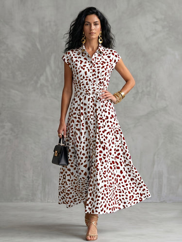 1775929 A-Linien-Midikleid mit Flügelärmeln, geknöpftem Leopardenmuster und gebundener Taille. Hemdblusenkleid