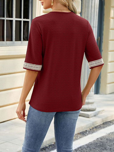1499218 Loose Short Sleeves Contrast Color Hollow Split-Joint V-Neck T-Shirts Tops