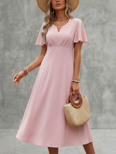 Pink V-Neck Pleated A-Line Midi Dress Uoozee official Pink V-Neck Pleated A-Line Midi Dress Uoozee official