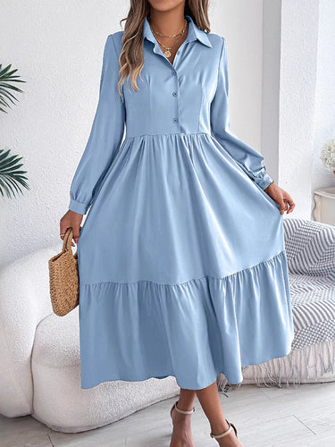 1713645 High Waisted Long Sleeves Pleated Ruffled Solid Color Lapel Midi Dresses Shirt Dress