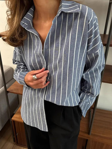 1751455 Long Sleeves Loose Buttoned Contrast Color Split-Joint Striped Lapel Blouses&Shirts Tops