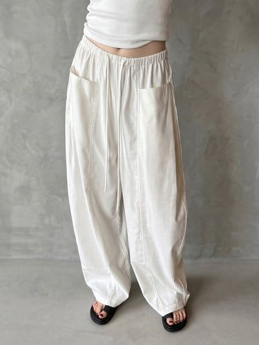 1772680 Loose Wide Leg Drawstring Pockets Solid Color Pants