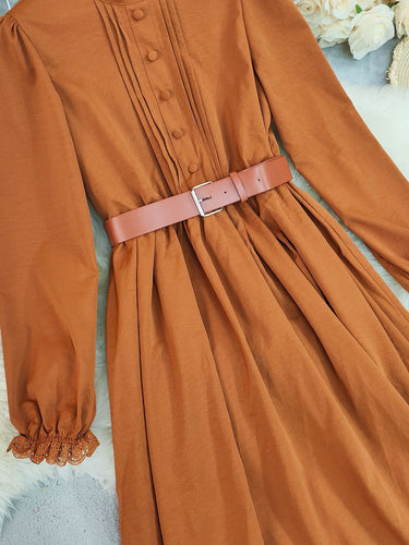 1740929 A-Line Elasticated Waist Belted Buttoned Contrast Color Pleated Split-Joint Stand Collar Maxi Dresses Shirt Dress