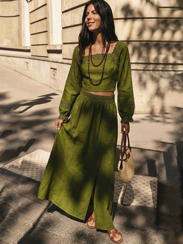 1788917 Split-side Solid Color Backless Long Sleeves High Waisted Square-neck Two Pieces Set Skirts Bottoms + Blouses&shirts Tops