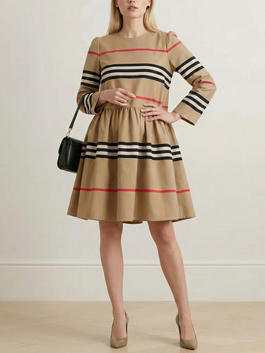 A-Line High Waisted Contrast Color Pleated Striped Zipper Mock Neck Midi Dresses