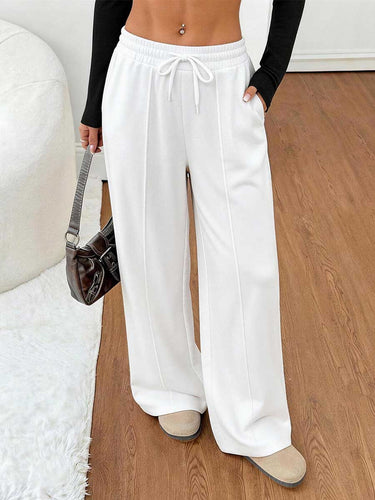 1788538 Solid Color Pockets Elasticity Drawstring Wide Leg Loose Trousers Pants