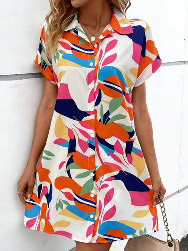 1780327 Short Sleeves Buttoned Contrast Color Printed Lapel Mini Dresses Shirt Dress