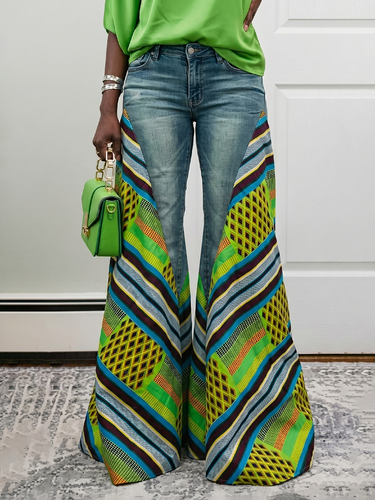 1787548 High Waisted Wide Leg Buttoned Contrast Color Pockets Split-Joint Striped Zipper Jean Pants Bottoms
