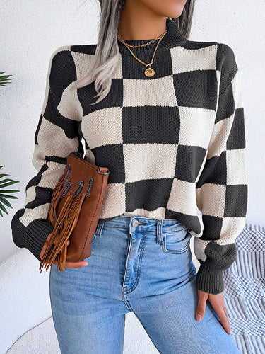 1713675 Long Sleeves Loose Contrast Color Plaid Round-Neck Sweater Tops