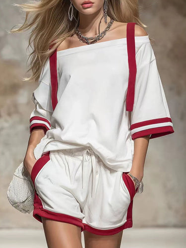 1775136 Meia manga solta contraste cor bolsos com cordão fora do ombro camiseta top + shorts parte inferior conjunto de duas peças
