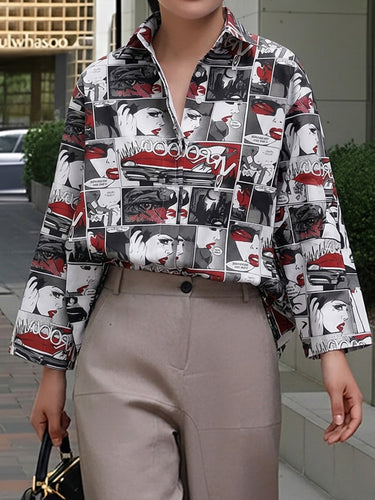 1780740 Long Sleeves Loose Buttoned Contrast Color Figure Printed Lapel Blouses&Shirts Tops