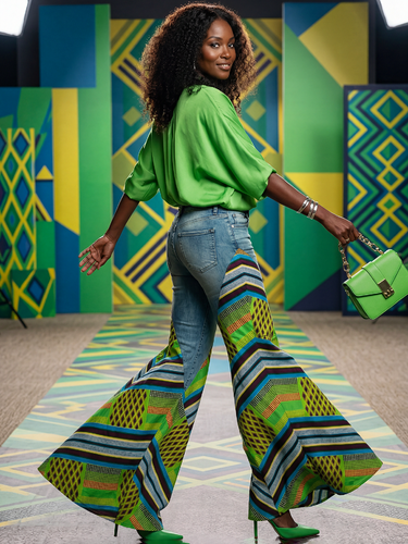 1787551 High Waisted Wide Leg Buttoned Contrast Color Pockets Split-Joint Striped Zipper Jean Pants Bottoms