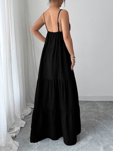 1766186 A-Line Sleeveless Backless Drawstring Pleated Solid Color Spaghetti-Neck Maxi Dresses