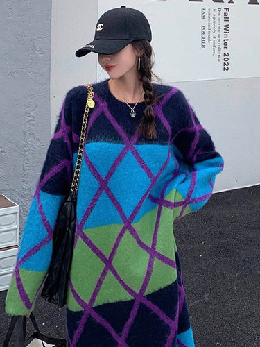 1720329 Long Sleeves Loose Contrast Color Plaid Split-Joint Round-Neck Midi Dresses Sweater Dresses