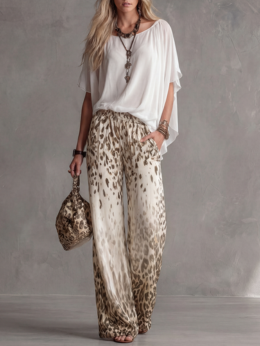 Loose Wide Leg Elasticity Gradient Leopard Pockets Trousers Wide Leg Pants
