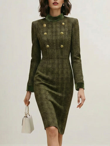 High Waisted Long Sleeves Buttoned Solid Color Split-Joint Zipper Mock Neck Midi Dresses