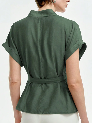 1786141 Loose Short Sleeves Buttoned Solid Color Tied Waist V-Neck Blouses&Shirts Tops