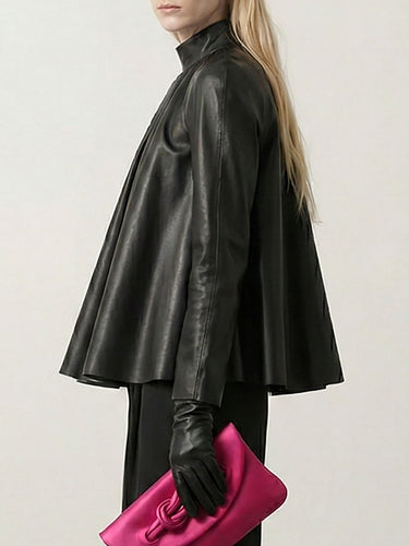 A-line Long Sleeves Big Hemline Solid Color Stand Collar Leather Top