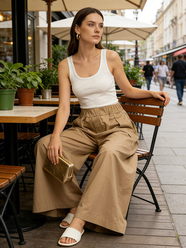 Elasticated Waist High Waisted Pleated Pockets Solid Color Pants