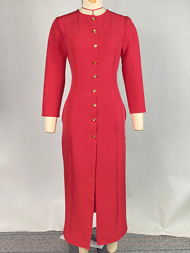 1657719 Bodycon lange mouwen effen kleur V-hals maxi-jurken met knopen en overhemdjurk