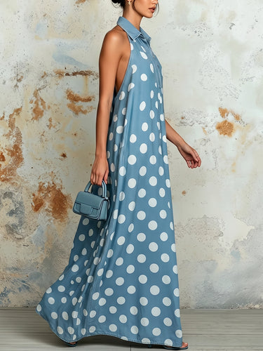 1785733 A-Line Loose Buttoned Contrast Color Pleated Polka Dot Lapel Maxi Dresses