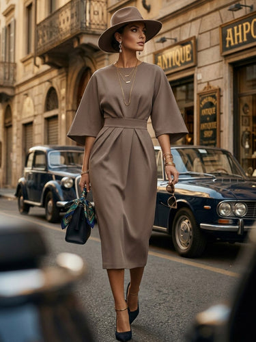 1757277 Batwing Sleeves Elasticated Waist Pleated Solid Color Split-Joint Round-Neck Midi Dresses