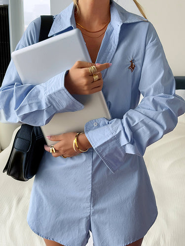 1720353 High Waisted Long Sleeves Buttoned Pleated Solid Color Split-Joint Lapel Rompers