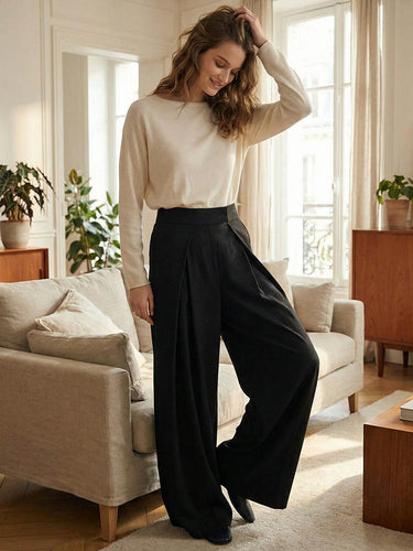 High Waisted Loose Pleated Solid Color Pants