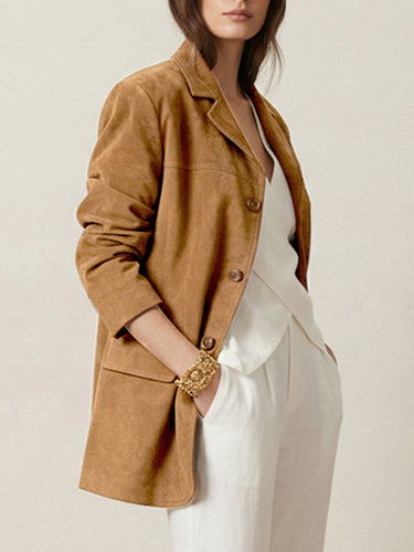 Long Sleeves Loose Buttoned Solid Color Split-Joint Notched Collar Blazer Outerwear