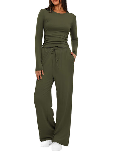 1751571 Solid Color Pleated Round-Neck T-Shirts Tops +  Elasticated Waist High Waisted Drawstring Pants Two Pieces Set