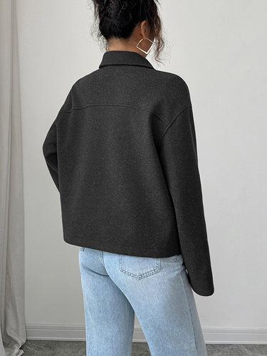 1721792 Long Sleeves Loose Solid Color Zipper Lapel Outerwear