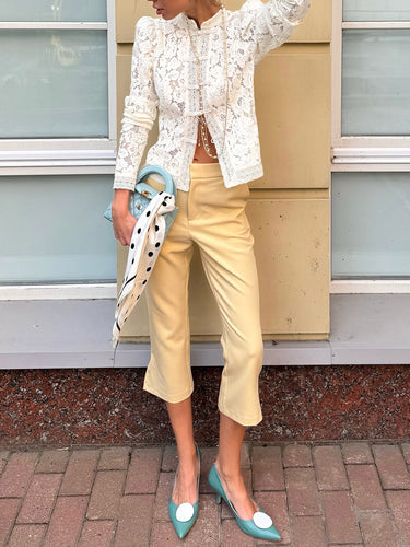 1748722 Long Sleeves Crochet Hollow Knot Solid Color Split-Joint Stand Collar Blouses&Shirts Tops