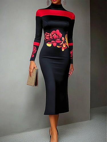 Vestidos midi de cuello alto de manga larga de mangas largas