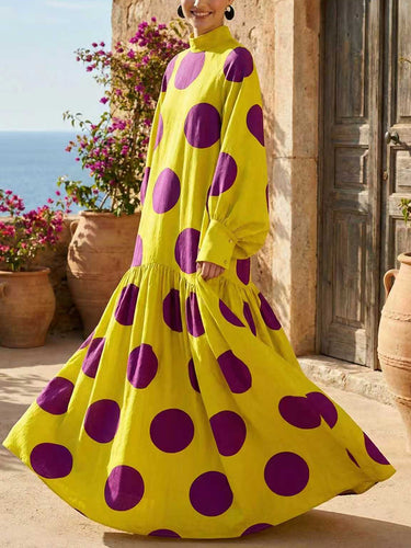 Long Sleeves Loose Big Hemline Contrast Color Pleated Polka Dot Split-Joint Half Turtleneck Maxi Dresses
