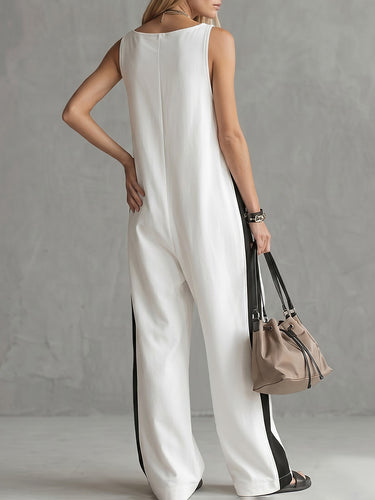 1770517 Loose Sleeveless Contrast Color Pockets Zipper V-Neck Jumpsuits