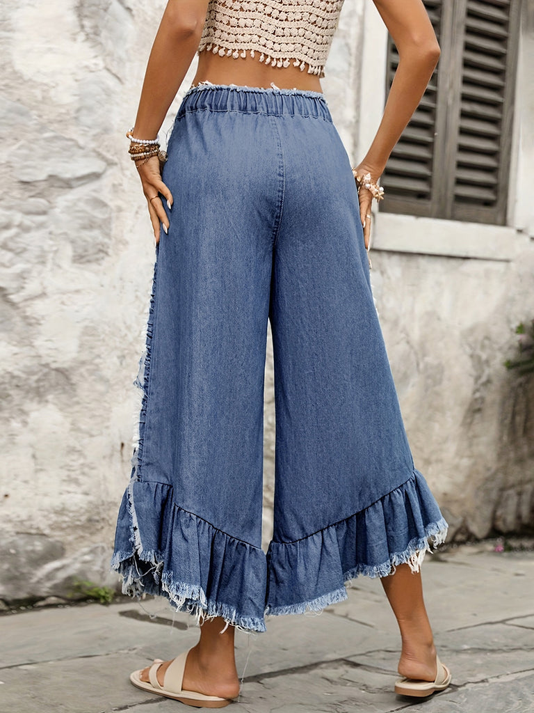 Blue Cropped Wide Leg Jeans with Drawstring – Uoozee official