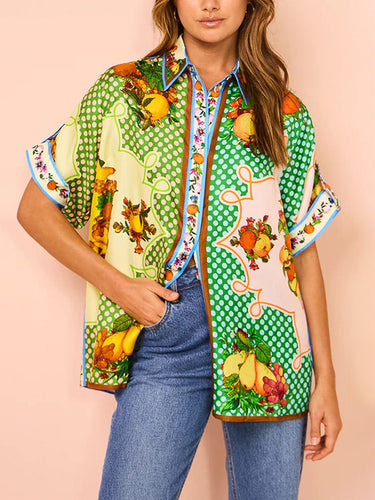 Loose Short Sleeves Contrast Color Floral Printed Lapel Shirt Top&Pants Two Pieces Set