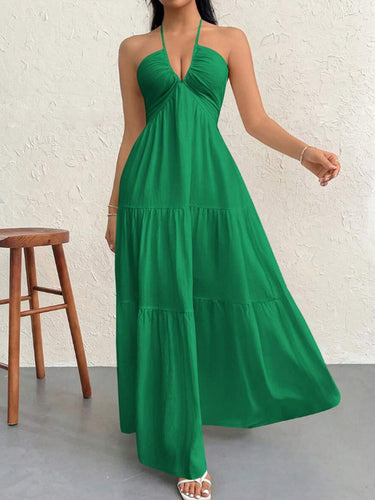 1777349 Corte en A Suelto Sin Espalda Plisado Color Sólido Dividido Escote Halter Midi Vestidos