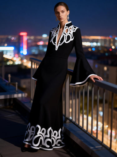 A-Line Flared Sleeves Abstract Printed Contrast Color Hollow Line Split-Joint Stand Collar Maxi Dresses