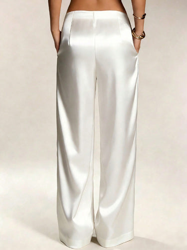 1786048 High Waisted Loose Pockets Solid Color Zipper Pants Trousers