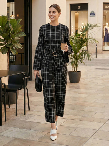 Blusen und Hemden mit ausgestellten Ärmeln, langen Ärmeln, kontrastfarbenem Karomuster, Rundhalsausschnitt und geteilter Naht 