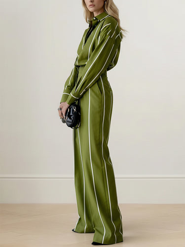 1735554 High Waisted Wide Leg Contrast Color Pleated Pockets Pants Trousers