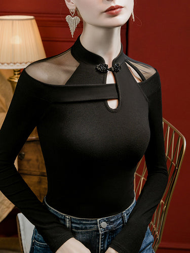 Langhülle Plus Größe hohle Festkörper-Farben Split-Gelenk Mock-Nacken-T-Shirts Tops